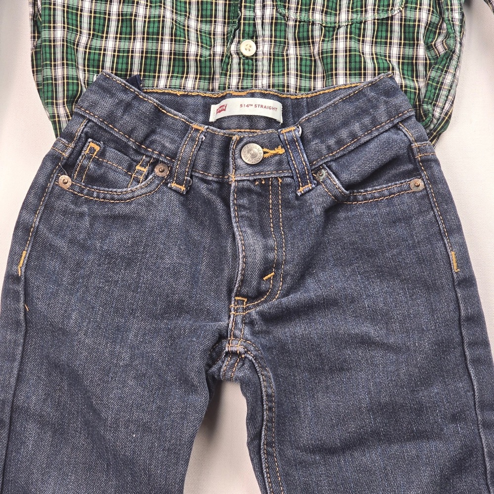 Boys OshKosh Plaid Shirt and Levis 514 Straight Jeans Set Green Blue Size 4T‎ - Picture 3 of 16